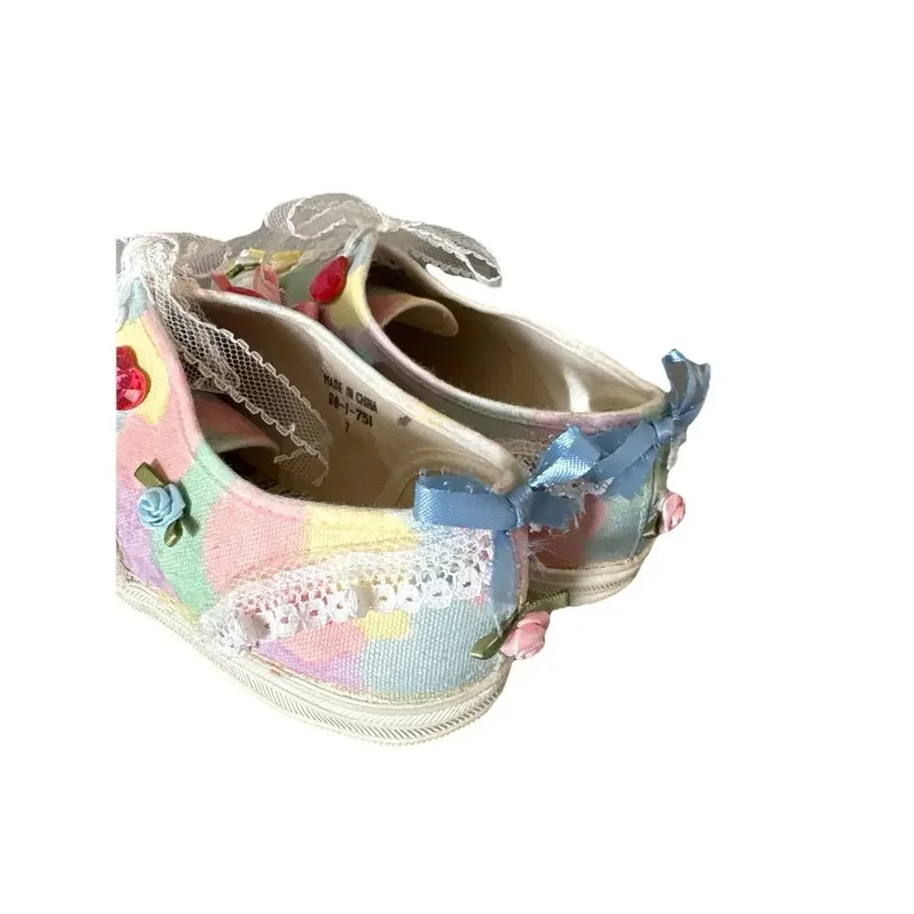 Vintage Cottagecore Embellished Canvas Sneakers Women’s Size 7 Handmade 90s